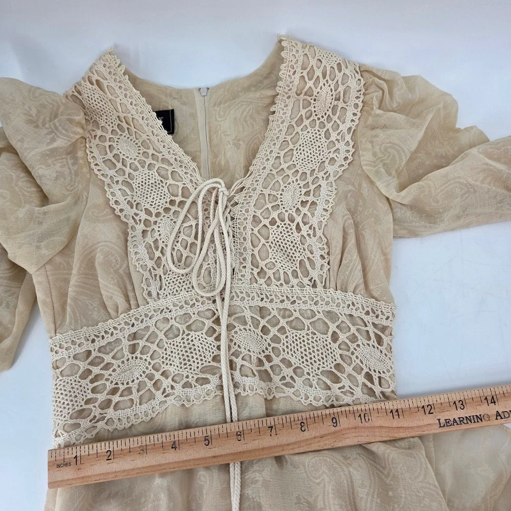 Vintage 1970s Gunne Sax Jessica Cream Crochet Maxi Prairie Sheer Dress Sz 5 - Picture 15 of 16